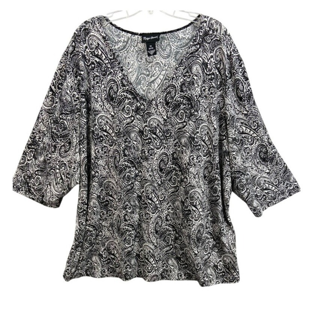 Maggie Barnes Shirt Womens 4X Paisley V-Neck Sparkle Black White 3/4 Sleeve Top